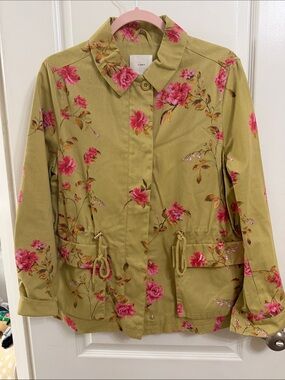 Floral Utility Jacket - Olive Green with Pink Blooms